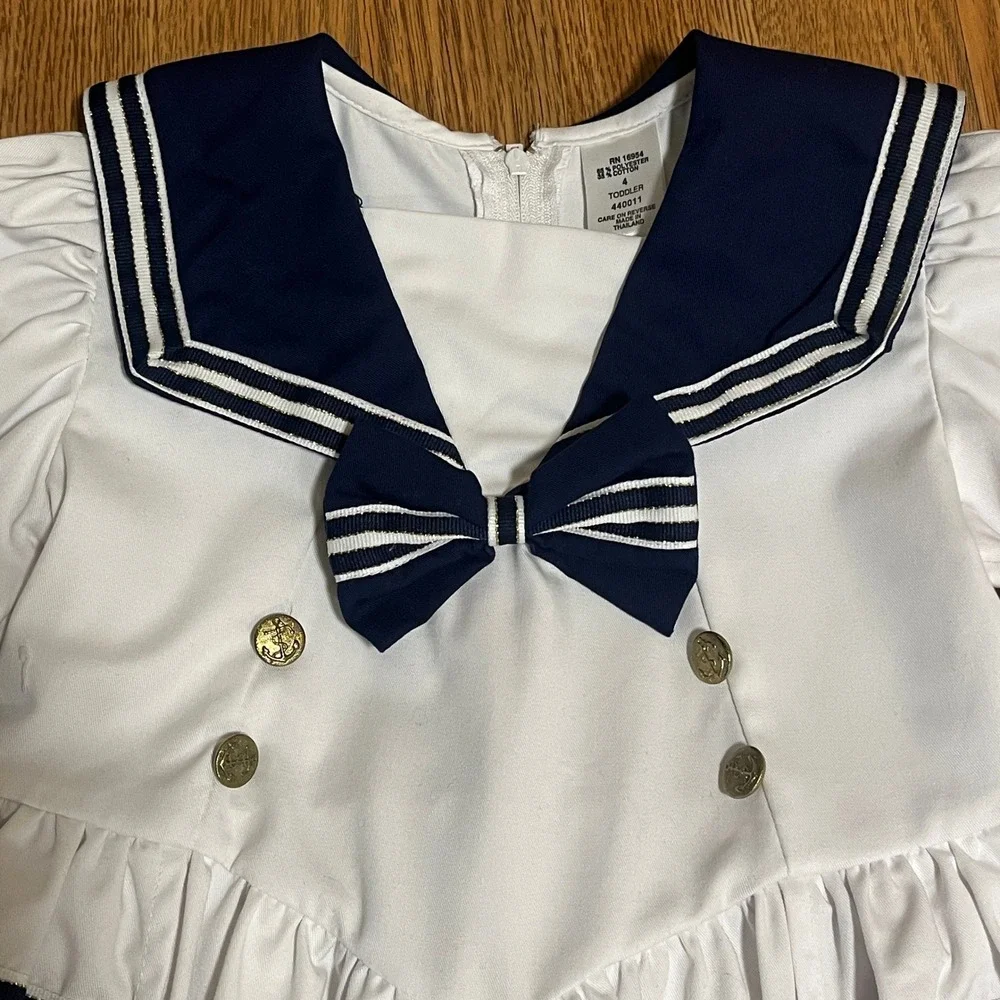 Vintage Sailor‎ Romper Toddler 4 White Navy Nautical Striped Puff Sleeve